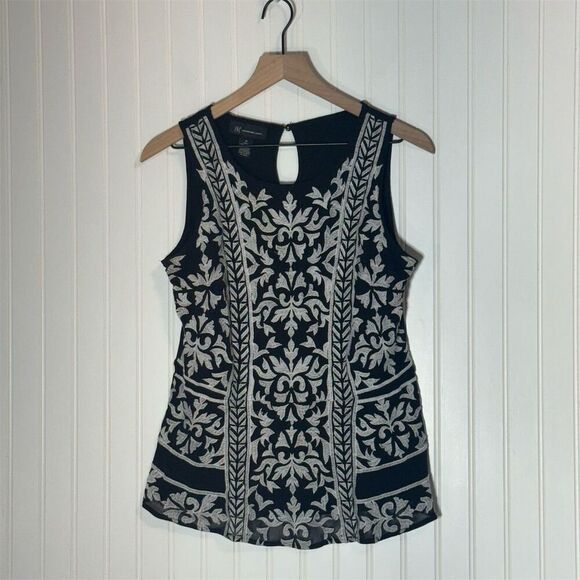 INC Black White Embroidered Sleeveless Blouse Top M Floral Baroque Lined Boho - Picture 1 of 8